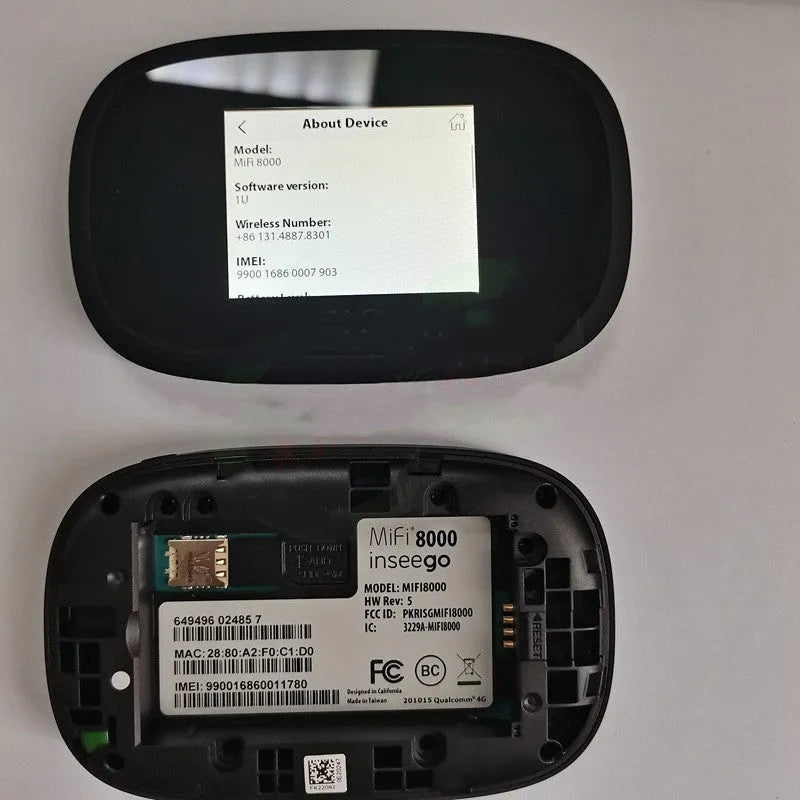 Black Full Network 4G portable wireless router with LCD screen, shown alongside a SIM card and battery.
