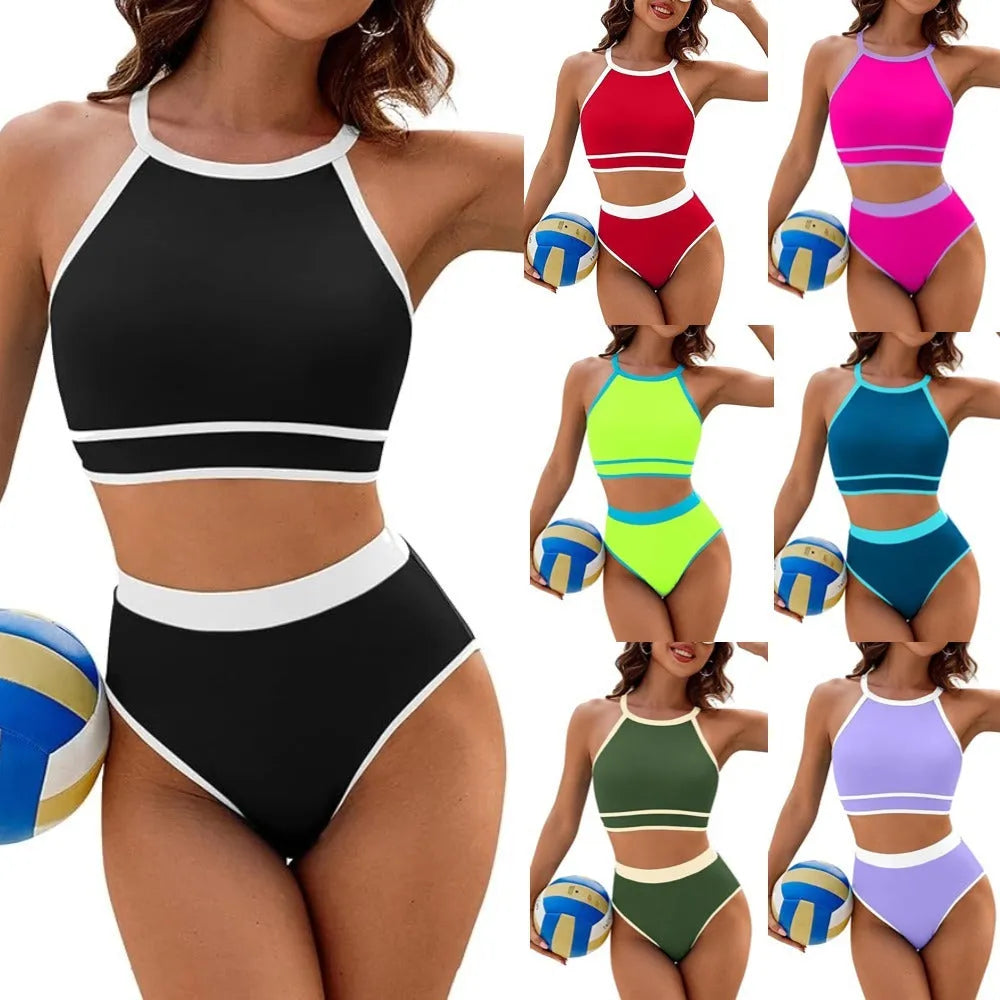Women's solid colour nylon bikini swimsuit in sky blue, green, black, peacock blue, red, yellow, rose red or purple, sizes S-XL