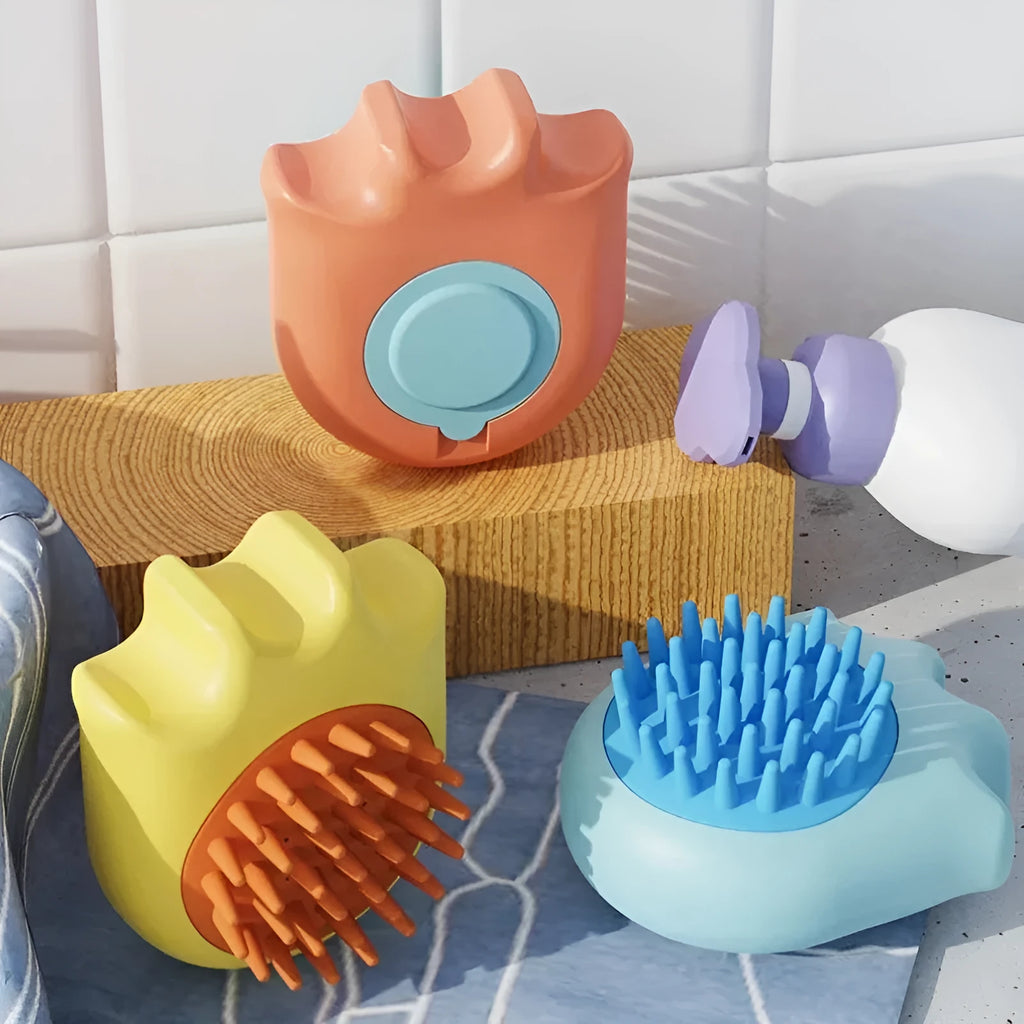Pet bath brush massage comb with integrated shampoo box in blue, orange, and yellow colour options