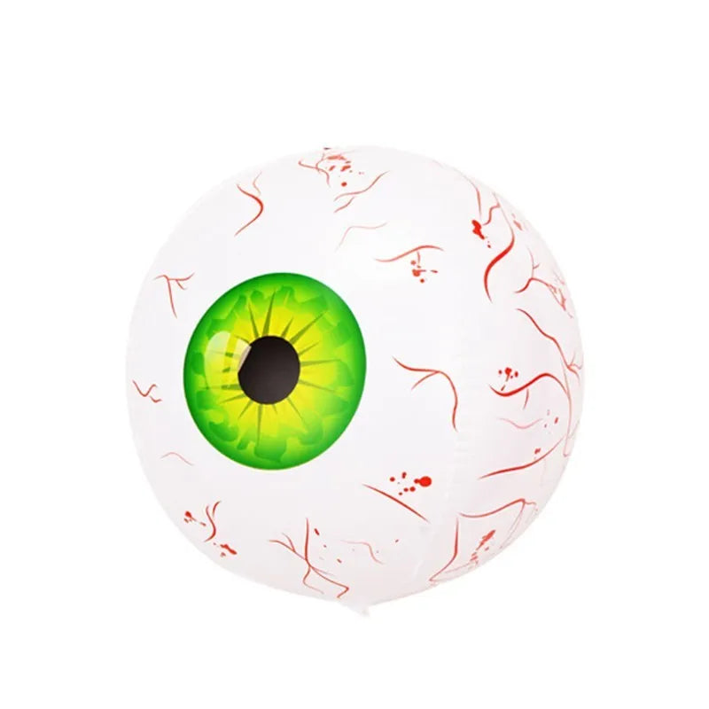 Green Halloween balloon with detailed bloodshot eyeball design, shown inflated.