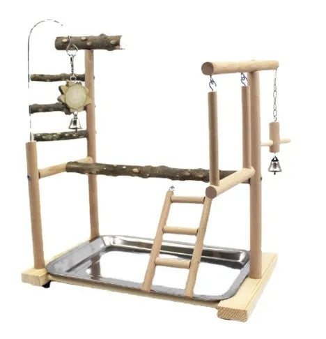 Pepper wood parrot play stand with integrated tiger skin peony toy and multi-level platforms.