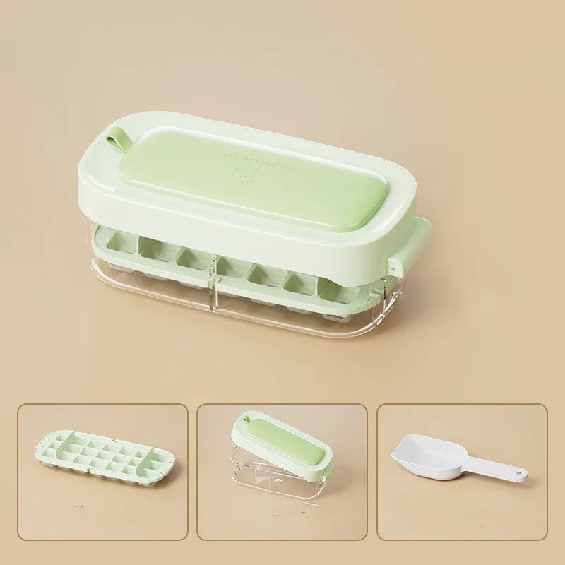 Yellow high-capacity grid ice cube tray with integrated storage slot for an ice shovel