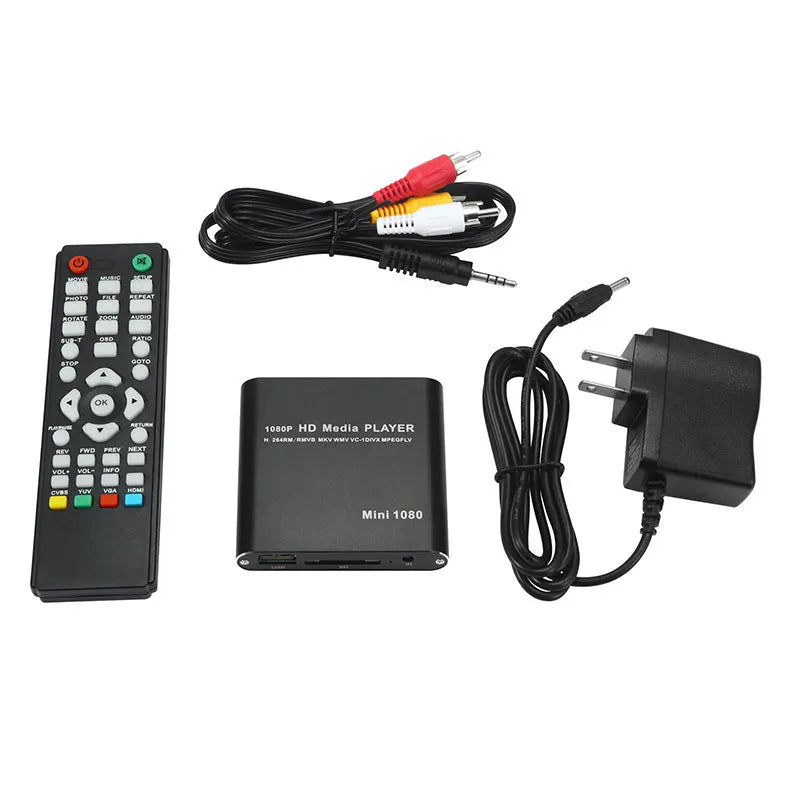 Blue or black 1080p HD media player with SD card and USB ports for video playback