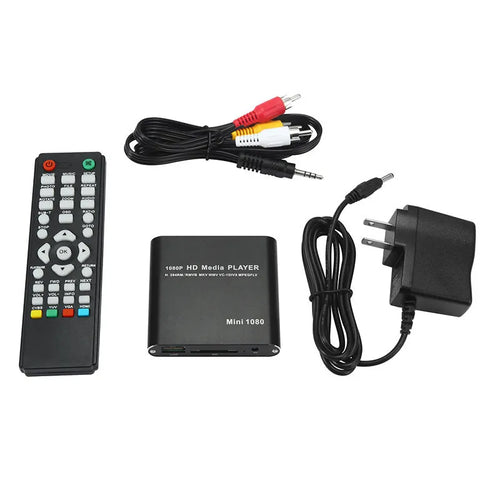 Blue or black 1080p HD media player with SD card and USB ports for video playback