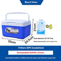 Blue portable insulated cool box with aluminium foil interior, shown with lid open.
