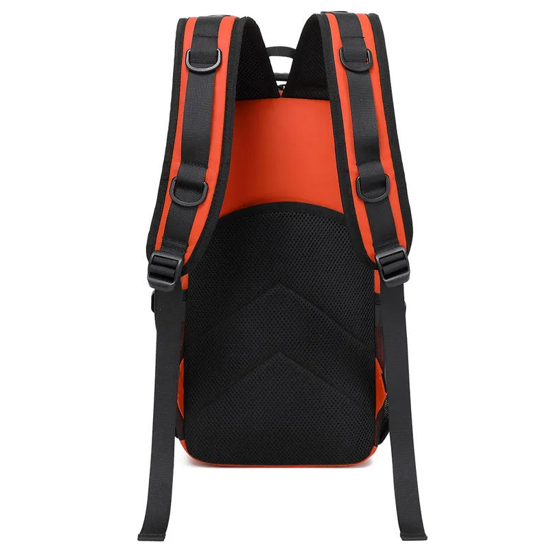 Orange durable Derm material outdoor hiking backpack with 20-35 litre capacity.
