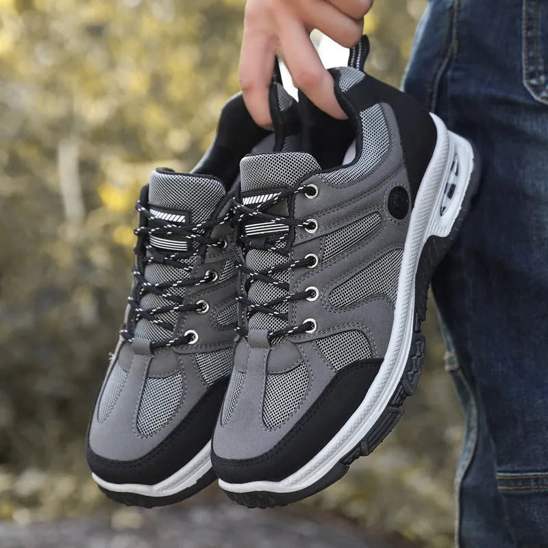 Men's breathable mesh sneakers with EVA sole, elastic lace-up fit, black camel grey, sizes 39 to 45