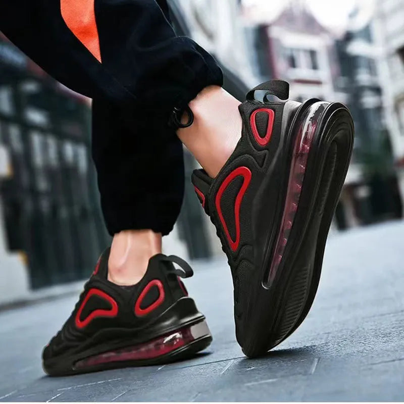 Men's black air cushion running sneakers with white accents and a thick sole on a white background.