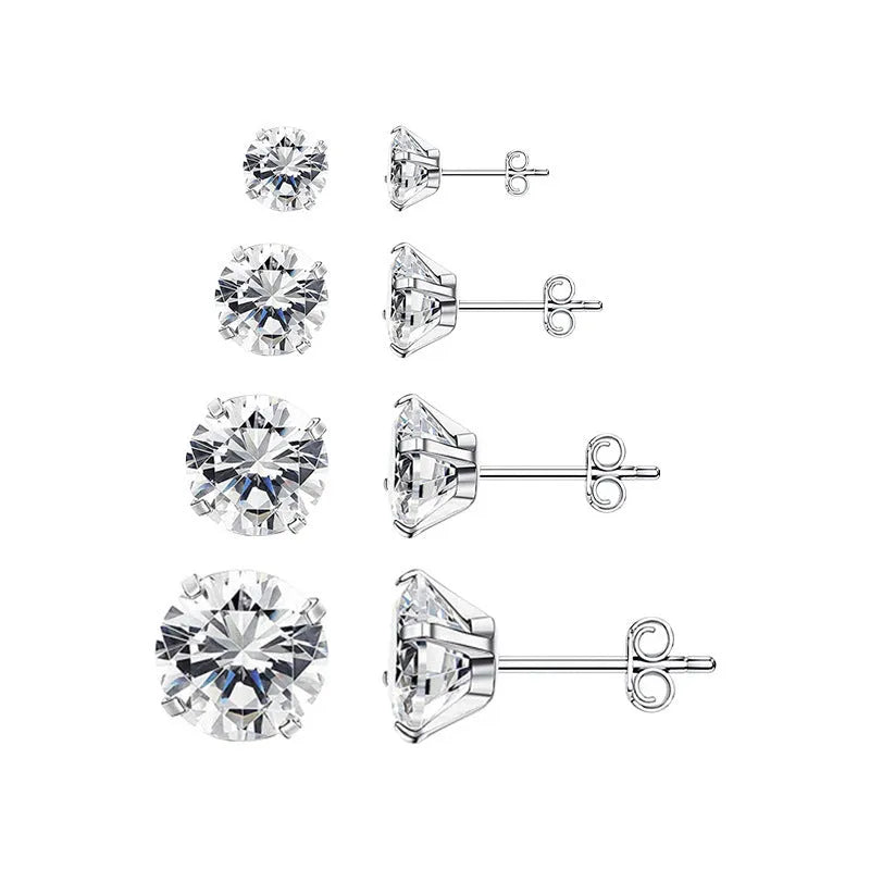 Titanium steel geometric zircon stud earrings showing square and round designs in gold and steel colour finishes