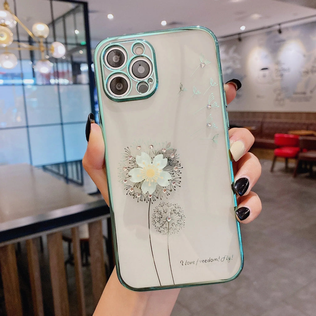 Green iPhone case with a raised 3D purple flower that acts as a spin stand, showing the built-in screen protector.