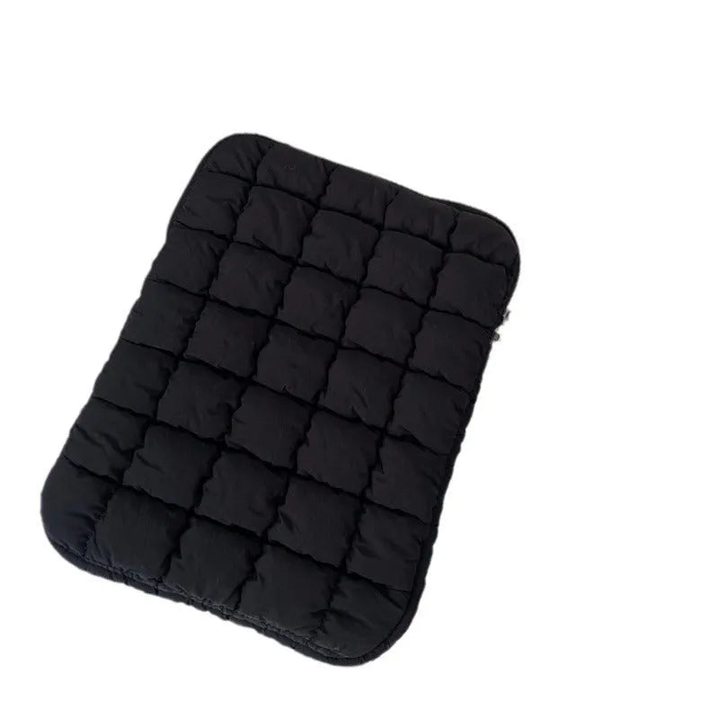Black nylon laptop bag with cloud cotton padding shown open, sized for a 15.6 inch laptop