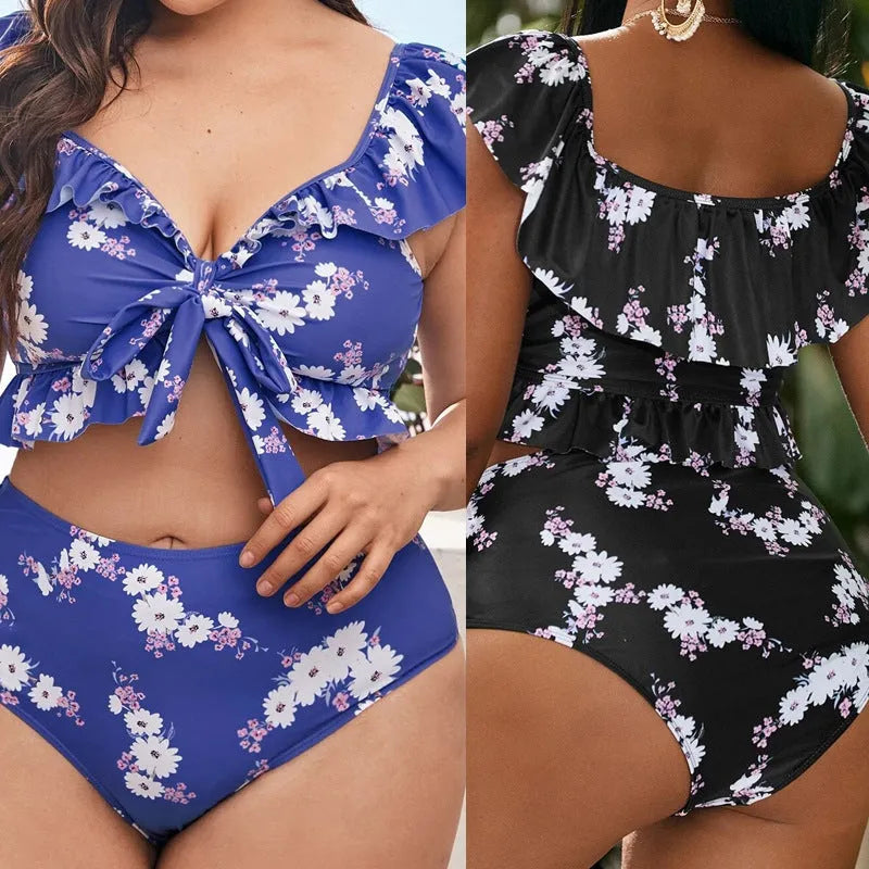 Women's plus size split bikini in polyester with spandex lining, available in XL to 4XL and black, blue or multicolour.