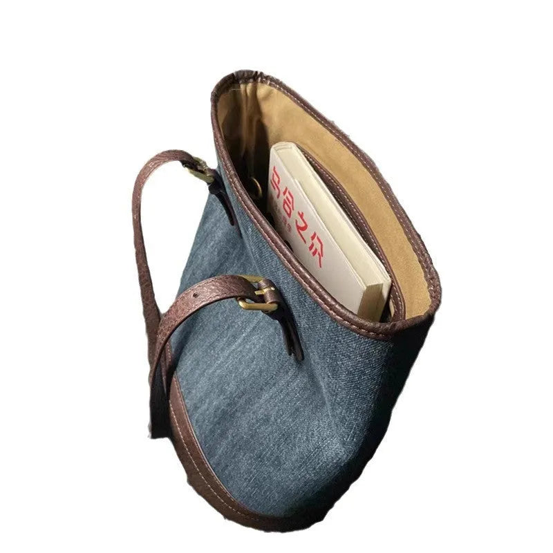 Retro denim patchwork one-shoulder bucket handbag in denim colour.