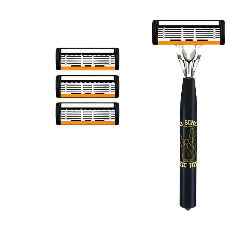 Black six-layer manual shaver handle with multiple blade configurations for barber tools