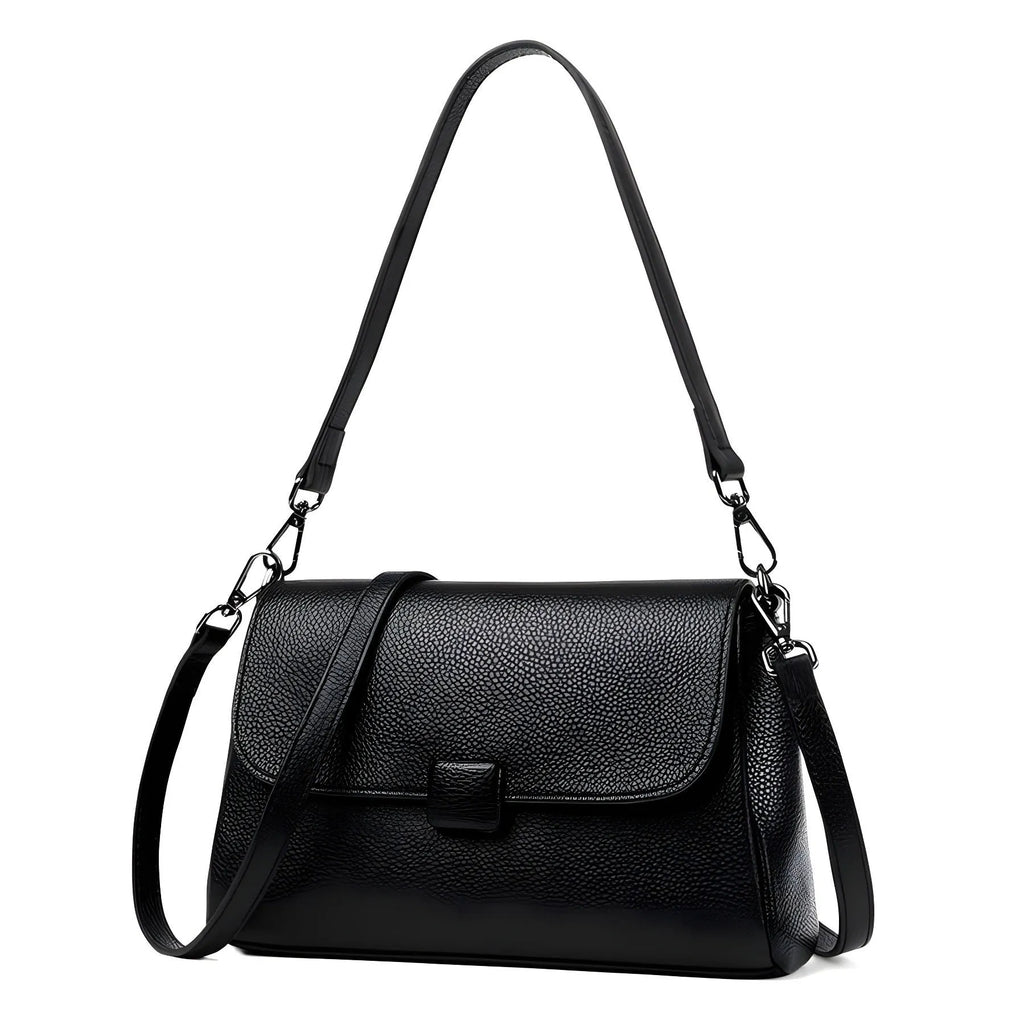 Genuine first-layer cowhide leather shoulder bag in horizontal square shape, 26x16x9cm, black colour, with top zipper and sandwich pocket