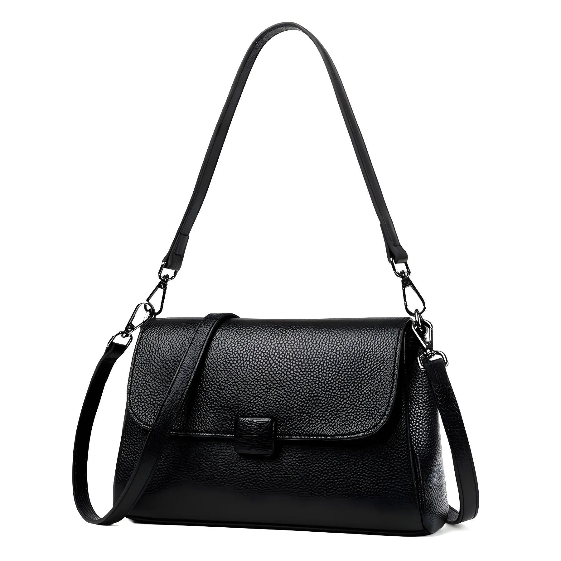 Genuine first-layer cowhide leather shoulder bag in horizontal square shape, 26x16x9cm, black colour, with top zipper and sandwich pocket