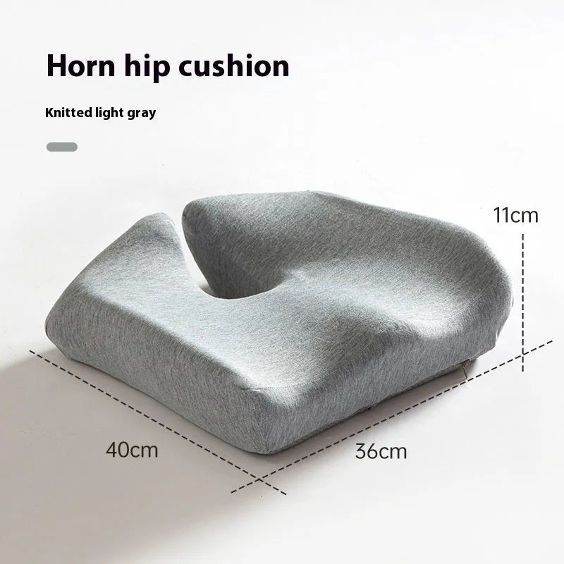 Memory foam office seat cushion in grey, shown on a chair with dimensions 36cm by 40cm.