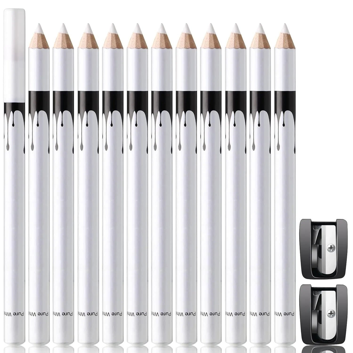 12 black and white waterproof eyeliner pencils with sharpener for eyebrows, eyeshadow and lips