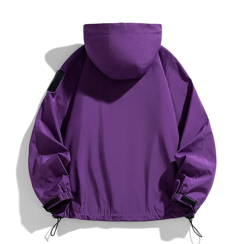 Men's black hooded waterproof jacket with long sleeves in a regular length