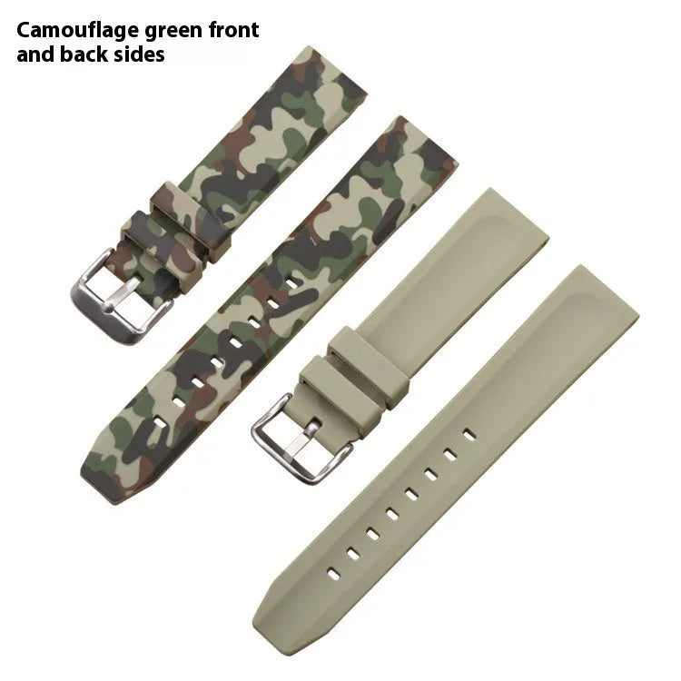 Blue, green, and grey camouflage patterned silicone watch strap shown in 20mm, 22mm, and 24mm width options.