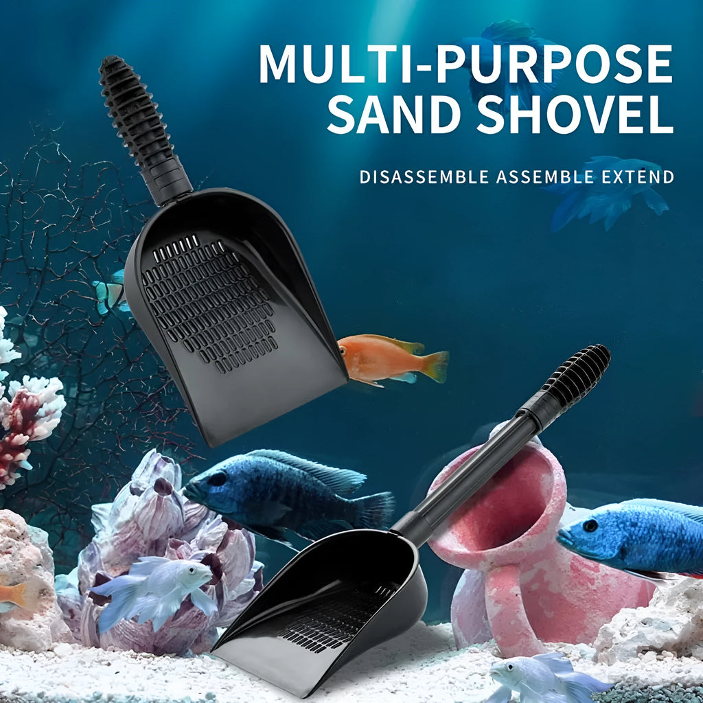Aquarium sand shovel with extendable removable design for fish tank maintenance, shown as ZY SC Long or minimalist style