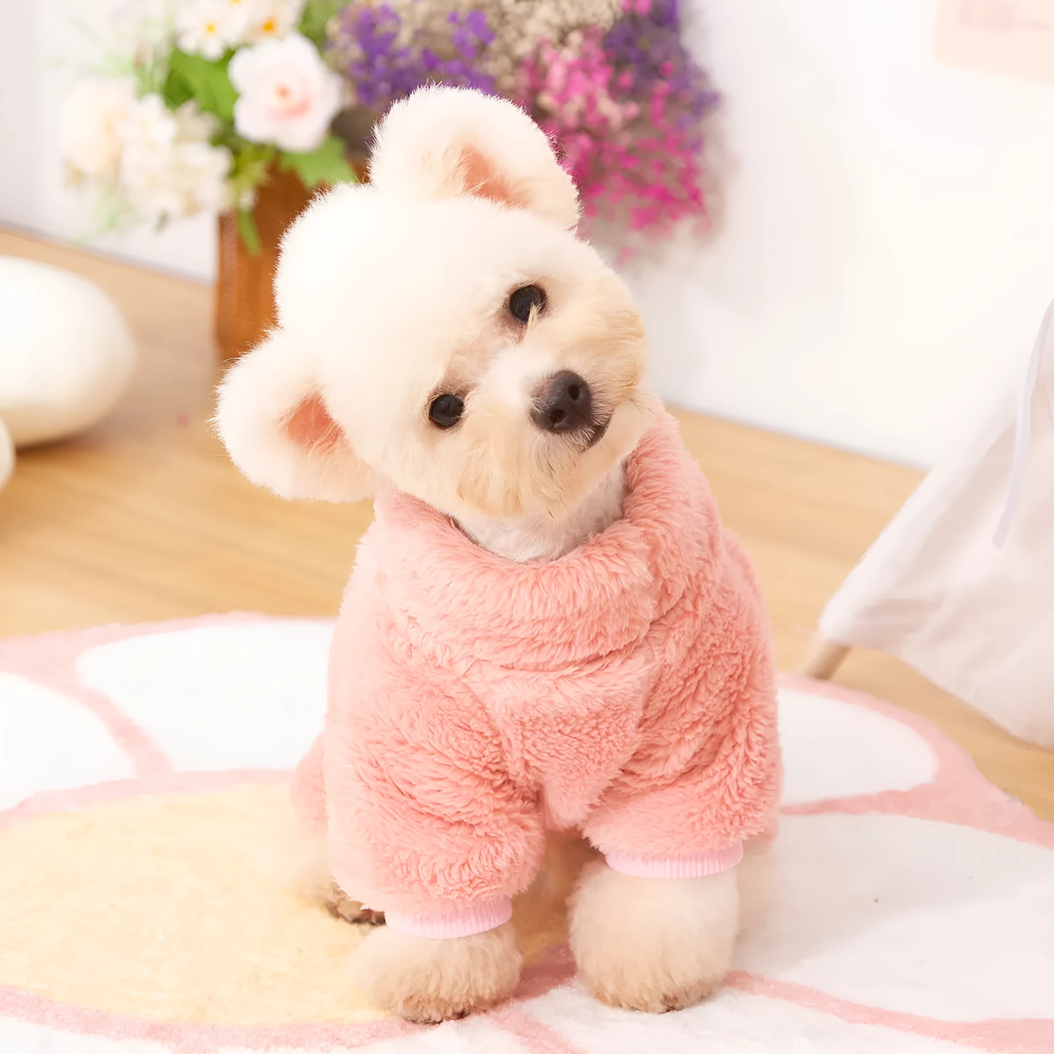 Four-legged dog clothing in thick plush fleece with high collar and towing ring in blue colour