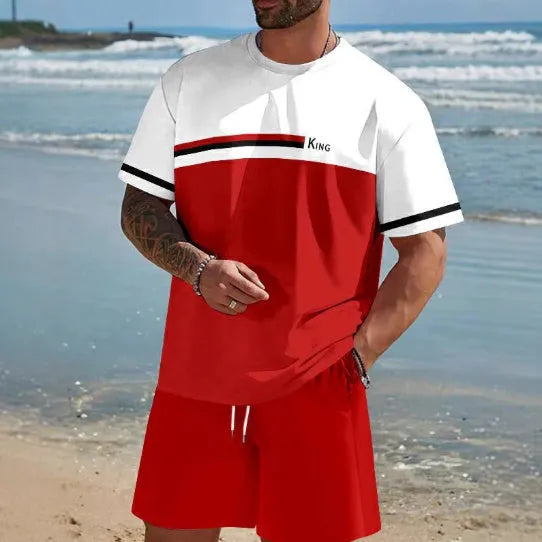 Men's short-sleeved T-shirt and shorts suit set in loose fit polyester summer leisurewear