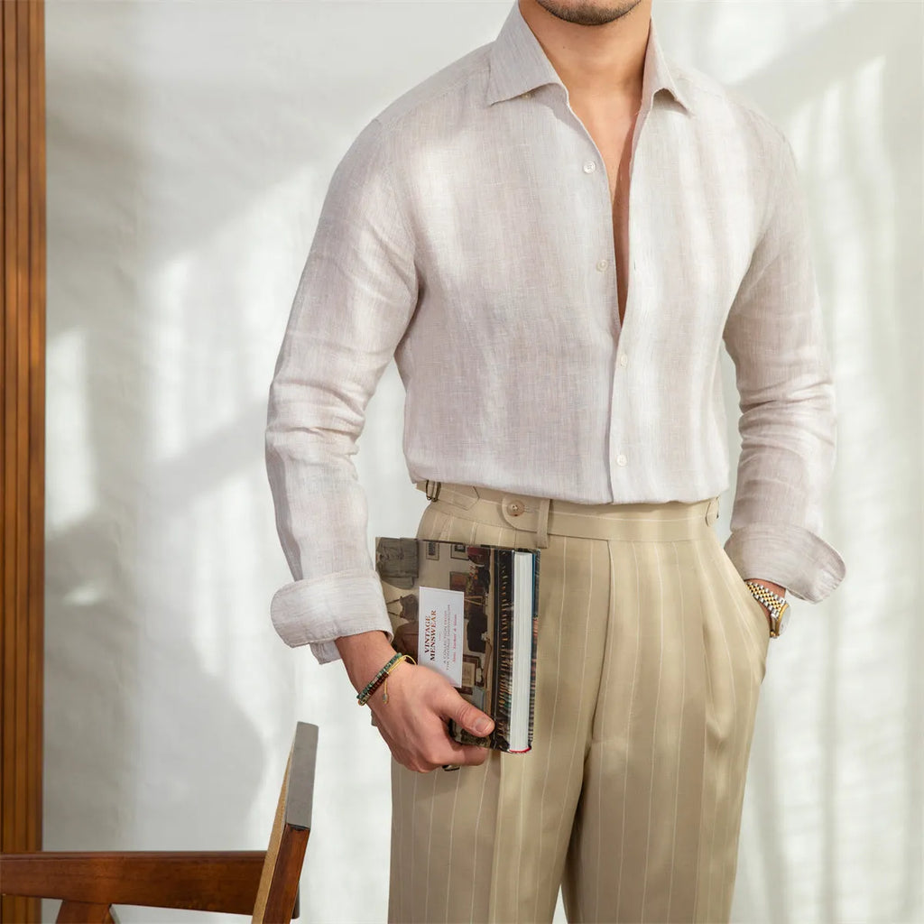 Men's slim fit shirt in 100% linen with semi-open collar in blue