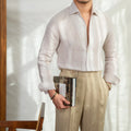Men's slim fit shirt in 100% linen with semi-open collar in blue