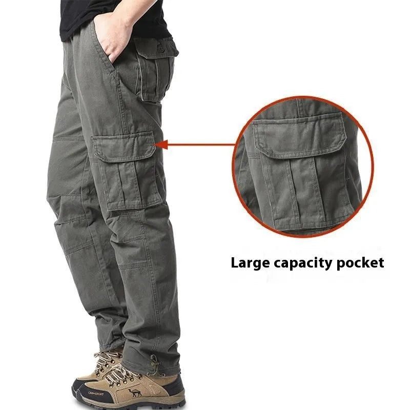Men's multi-pocket 100% cotton cargo pants in khaki, mid waist with zipper fly, size M-5XL