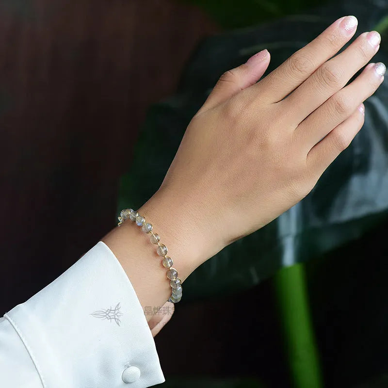 Women's natural crystal bracelet with 6mm moonstone beads and 14k gilded metal accents