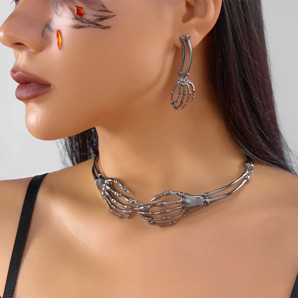 Dark style skull and ghost hand necklace and earring set in alloy with adjustable chain