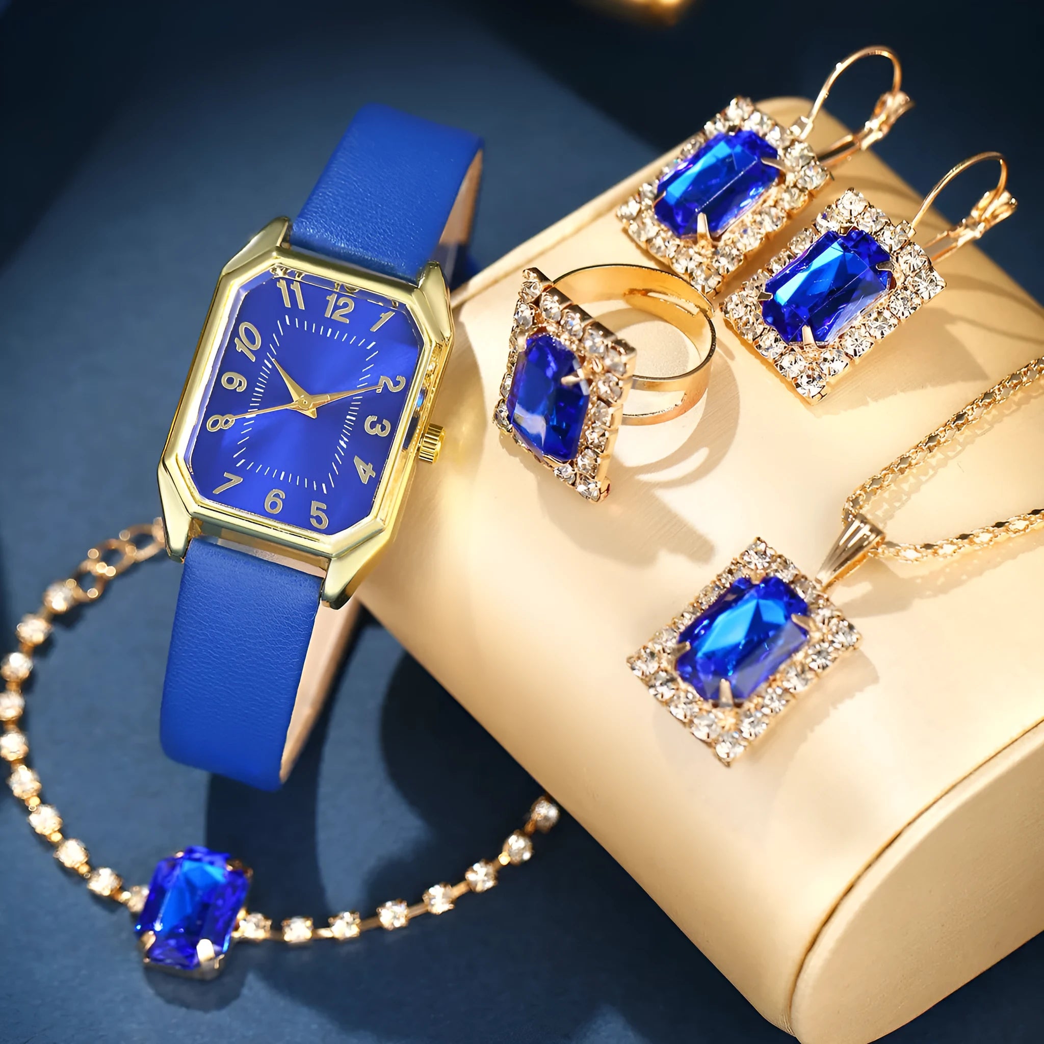 Leather women's square quartz watch and rhinestone jewellery set with necklace, earrings, ring