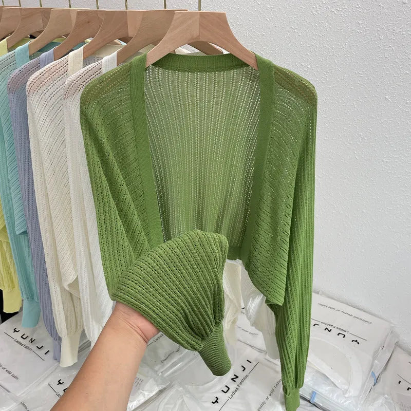 Women's hollow out lantern sleeve blouse in polyester linen fabric for sun protection