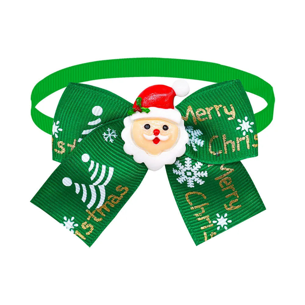 Red and green polyester Christmas pet bow tie in British style on a white background