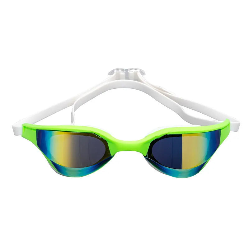 Racing style anti-fog swimming goggles with coloured lenses and adjustable strap on a blue background.