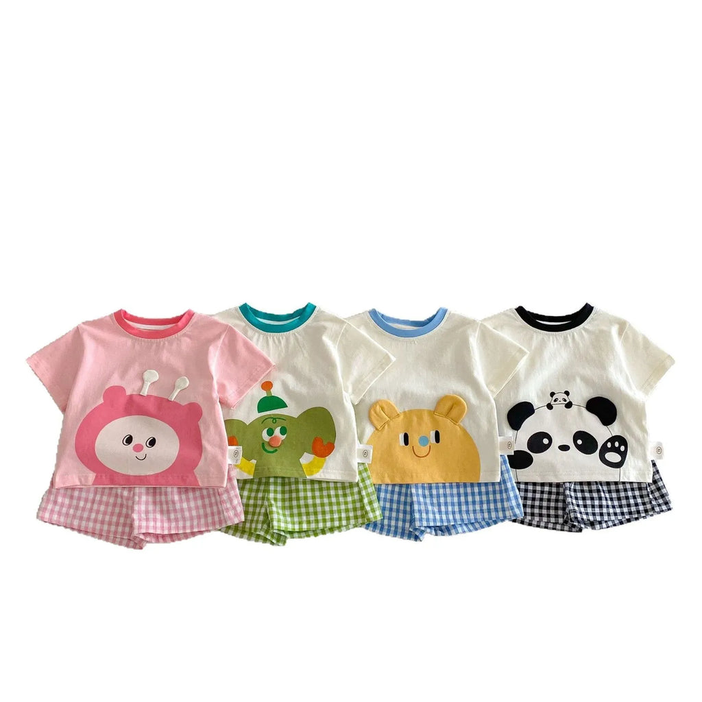 Girls' cotton short sleeve T-shirt and plaid shorts two-piece set in sea blue, peach, Black Panda or avocado green