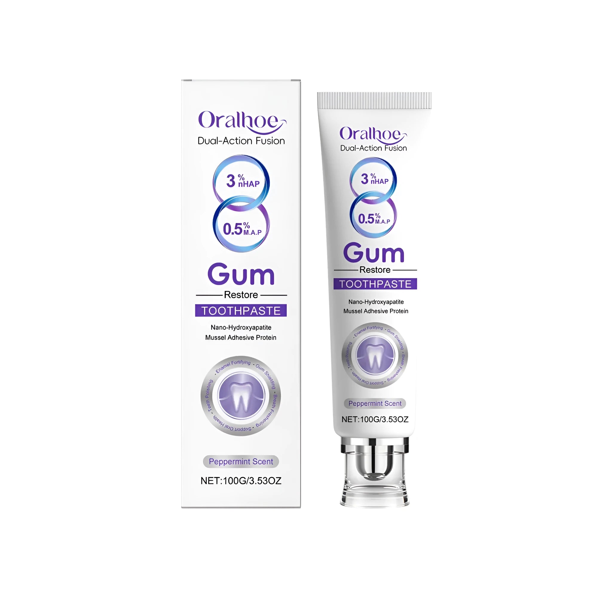 100g tube of Gum Restore Toothpaste with hydroxyapatite and mint leaves on a blue background.