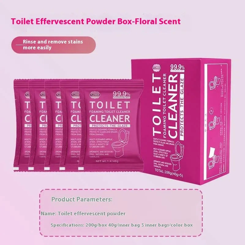 Box and bag of effervescent toilet cleaning powder in blue ocean and pink floral fragrances.