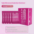 Box and bag of effervescent toilet cleaning powder in blue ocean and pink floral fragrances.