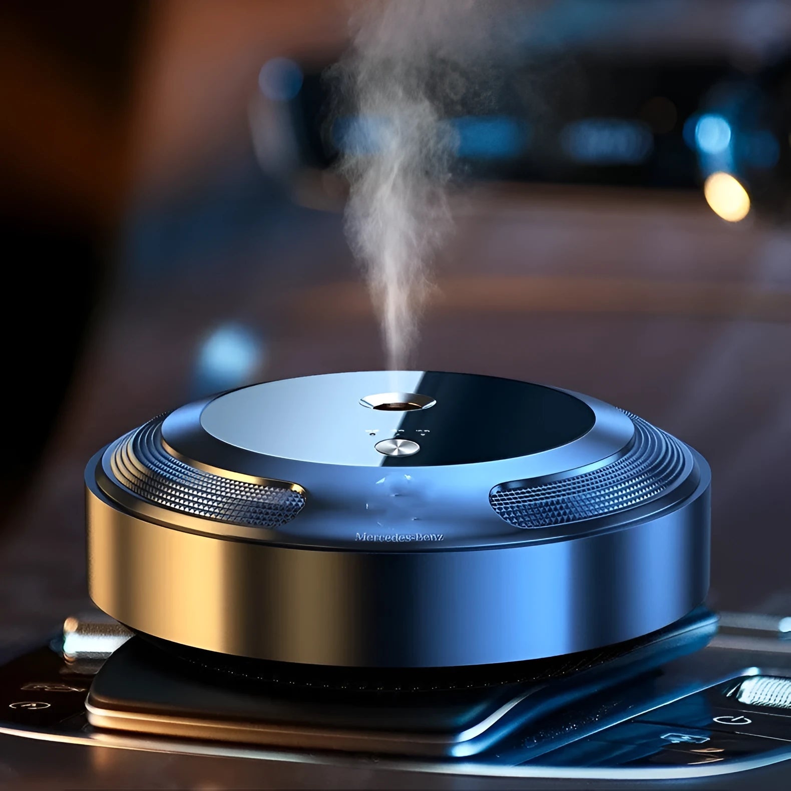 Automatic car air freshener with zinc alloy shell showing 89x35mm dimensions and included fragrance solutions