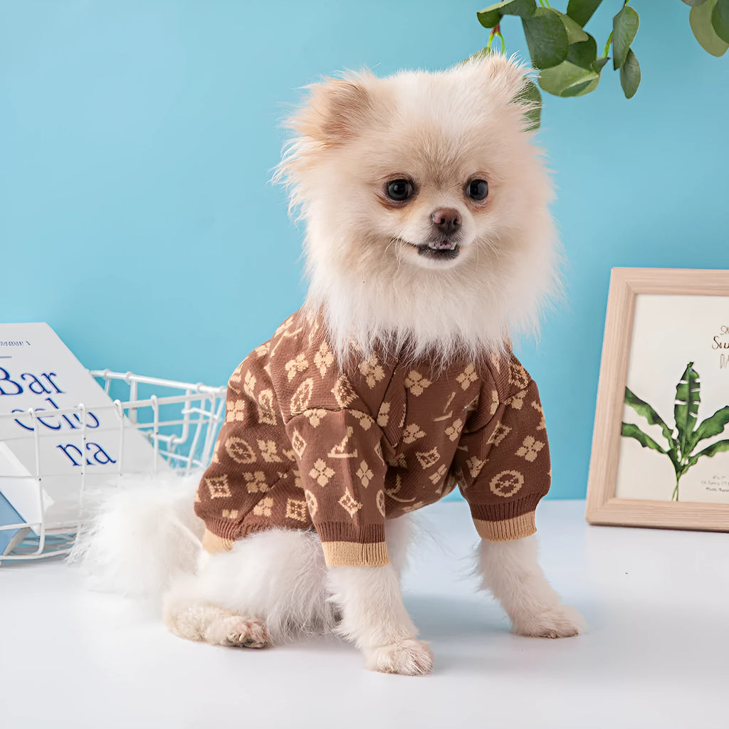 Wool-blend knitted dog sweater in a solid colour on a model dog.