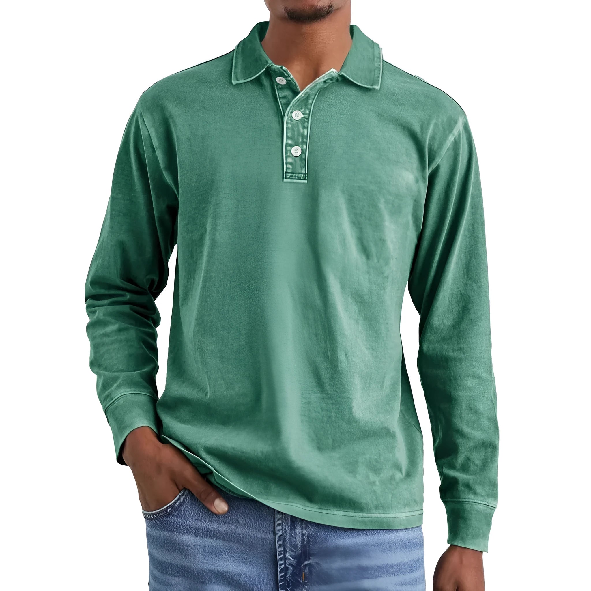 Men's long sleeve lapel polo shirt in washed cotton, shown in Army Green colour.