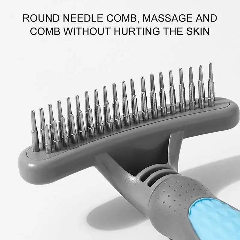 Pet grooming comb with anti-rust stainless steel teeth and ergonomic handle in pink