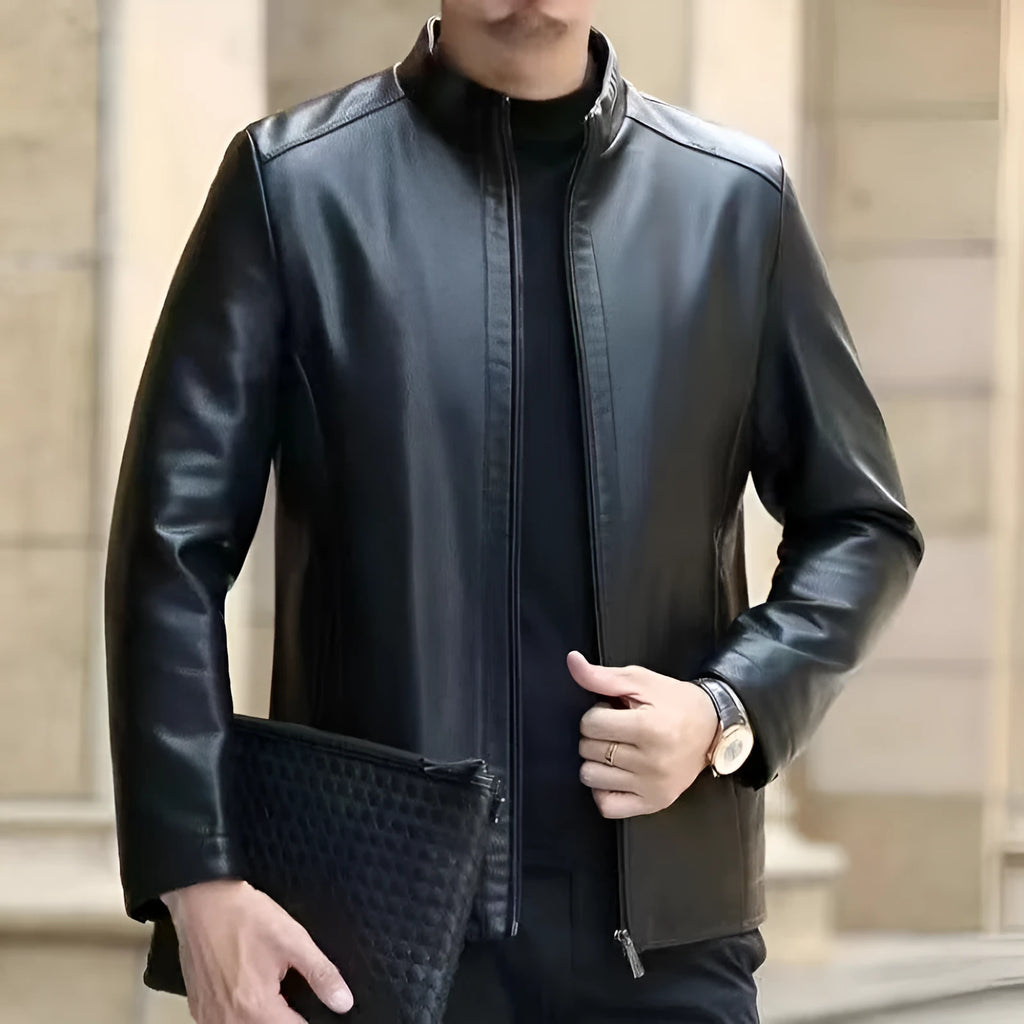 Men's horse leather jacket, loose 100cm lengthened cut, stand or turn-down collar, black or brown, fleece-lined option