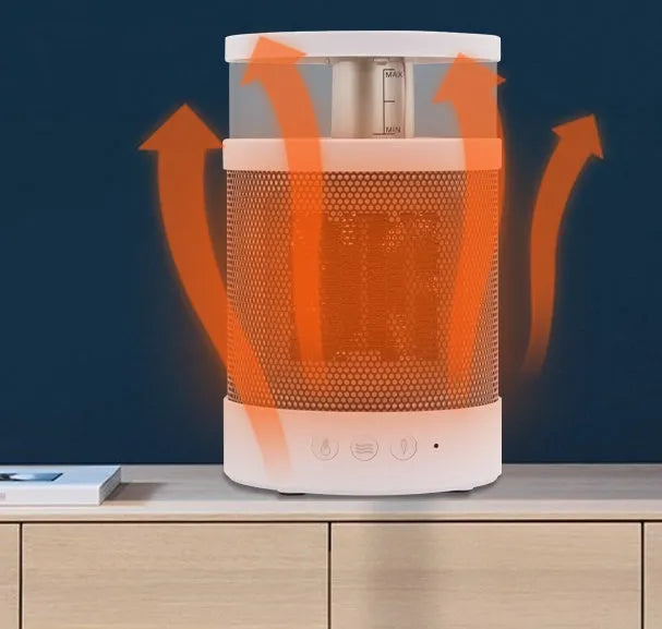 White 3-in-1 space heater with humidifier and night light on a desk