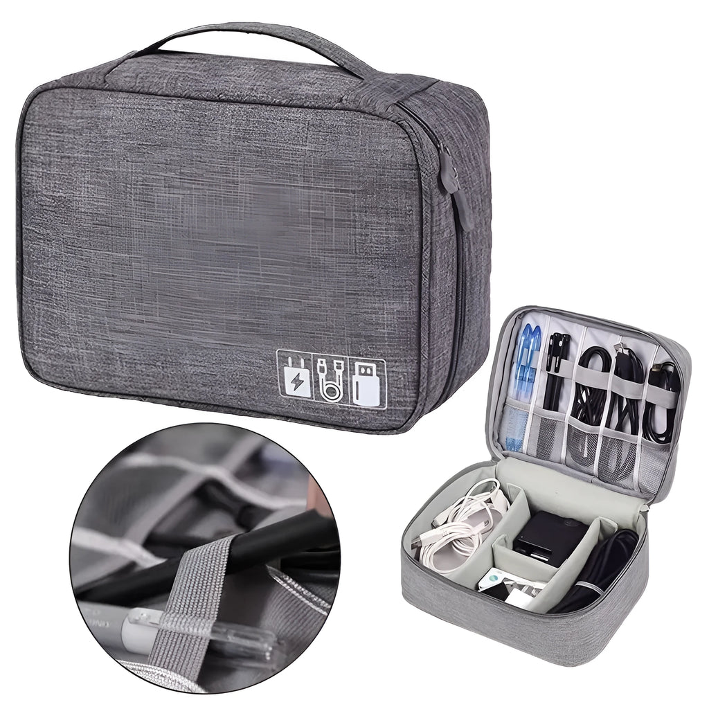 Black travel cable organiser bag with removable dividers and mesh pockets for electronic accessories