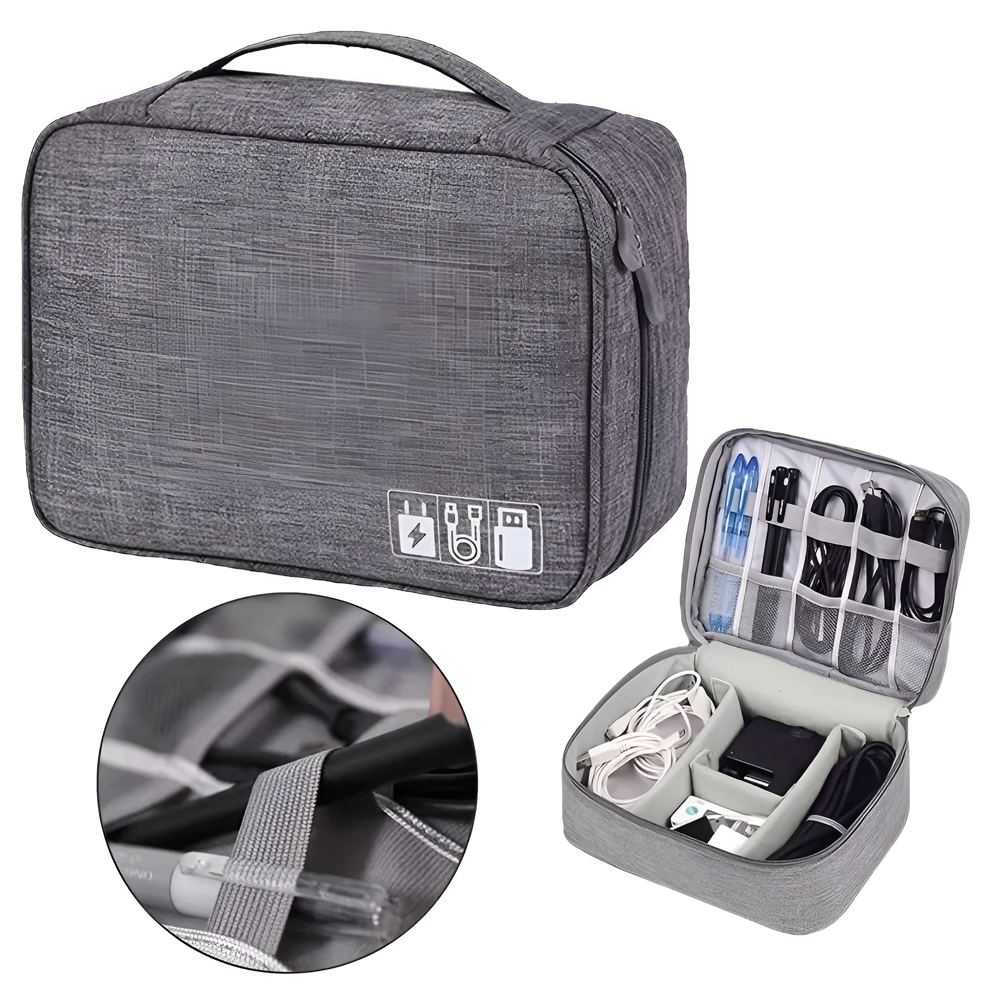 Black travel cable organiser bag with removable dividers and mesh pockets for electronic accessories