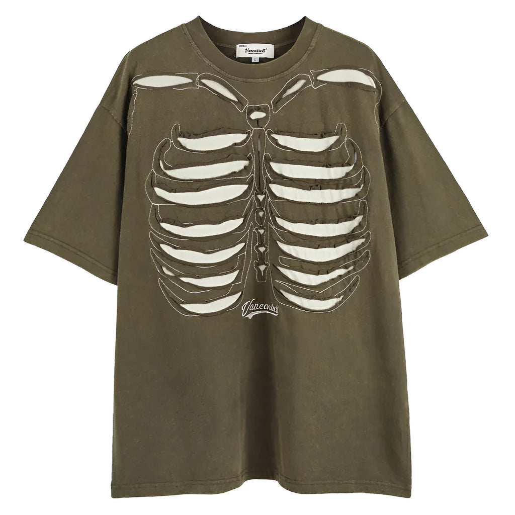 Man's brown loose-fit T-shirt with a skull and letter graphic print on the front, featuring drop-shoulder sleeves.