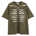 Man's brown loose-fit T-shirt with a skull and letter graphic print on the front, featuring drop-shoulder sleeves.